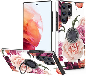 Samsung Galaxy S22 Ultra Pink Flower Pattern Loop Ring Case - Redpepper Cases