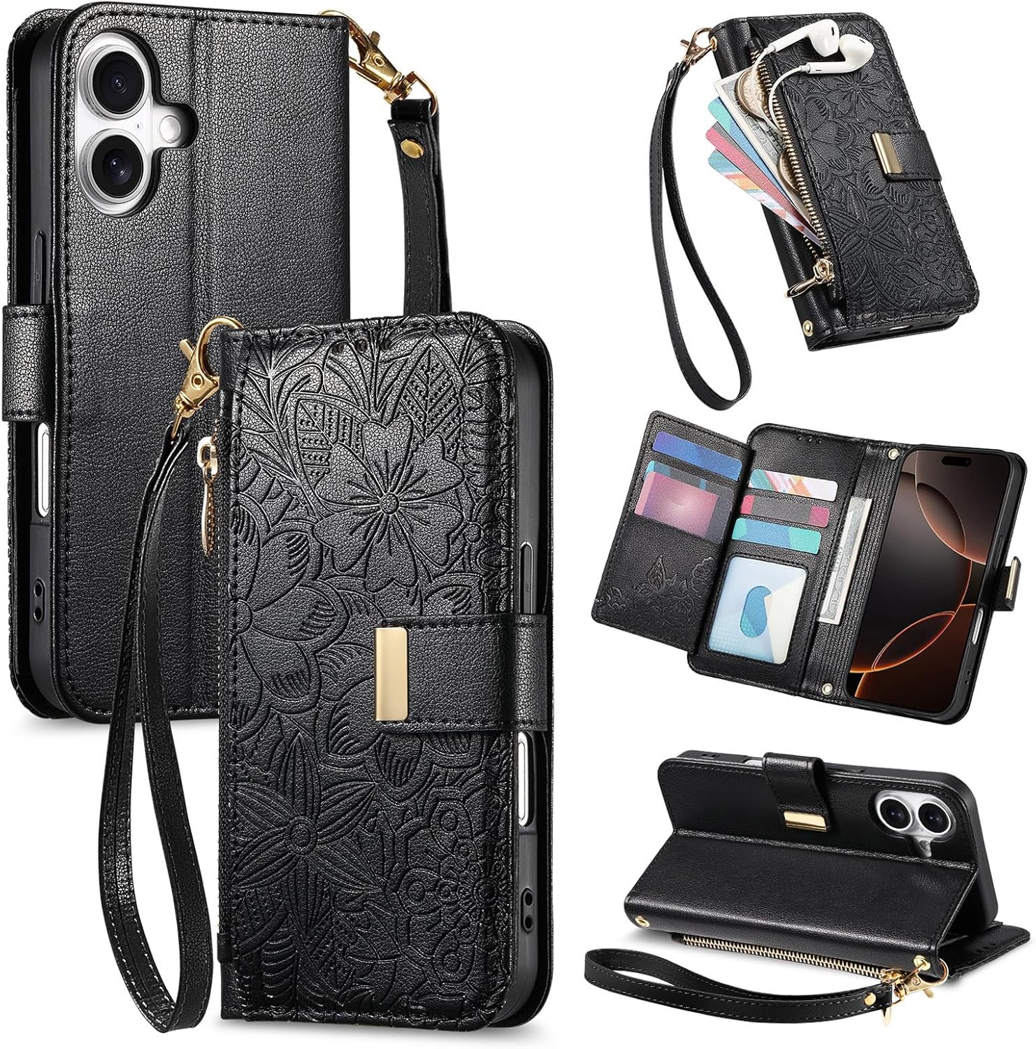iPhone 17 Wallet Case: Retro Embossed Zip Card Holder