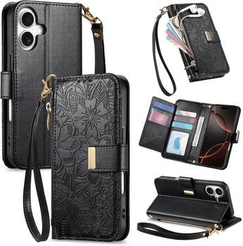 iPhone 17 Wallet Case: Retro Embossed Zip Card Holder