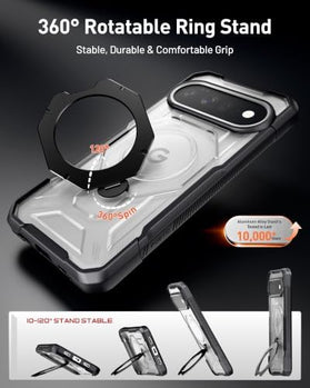 Google Pixel 11 Case with 360° Rotating Magnetic Ring Kickstand and Tempered Glass Screen Protector