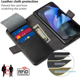 Google Pixel 10 Pro Fold Genuine Leather Wallet Case with RFID Blocking and Kickstand