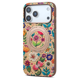 iPhone 18 Pro Max Embroidered Leather Case with Magnetic Ring Kickstand