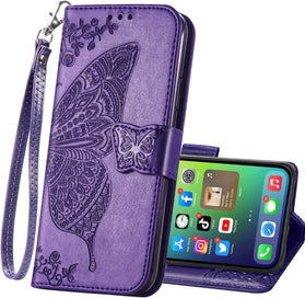 iPhone 17 Emboss Butterfly Flower PU Leather Purse Wrist Strap Case - Redpepper Cases