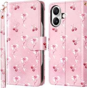 iPhone 17 Cherry Bow Pattern PU Leather Wrist Strap Flip Cover - Redpepper Cases