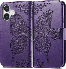 iPhone 17 Emboss Butterfly Flower PU Leather Purse Wrist Strap Case - Redpepper Cases