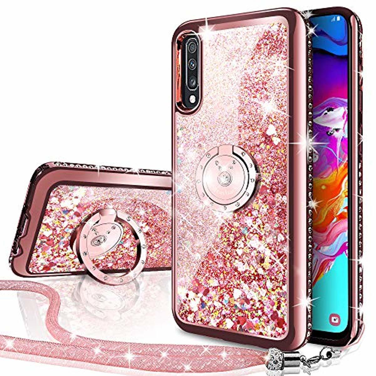 Silverback Galaxy A70 Case, Moving Liquid Holographic Sparkle Glitter Case with Kickstand, Bling Diamond Rhinestone Bumper W/Ring Slim Protective Samsung Galaxy A70 Case for Girls Women -Rose Gold - Redpepper Cases