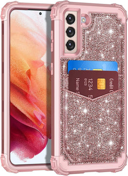 Galaxy S21 Plus Card Holder Glitter Bling Shockproof Heavy Duty Hybrid Case - Redpepper Cases