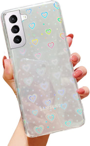 Galaxy S21 Plus Love Heart Pattern Clear Laser Glitter Bling Heart Soft & Flexible TPU and Hard PC Case - Redpepper Cases