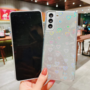 Galaxy S21 Plus Love Heart Pattern Clear Laser Glitter Bling Heart Soft & Flexible TPU and Hard PC Case - Redpepper Cases