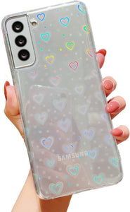 Galaxy S21 Plus Love Heart Pattern Clear Laser Glitter Bling Heart Soft & Flexible TPU and Hard PC Case - Redpepper Cases