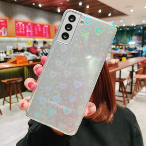 Galaxy S21 Plus Love Heart Pattern Clear Laser Glitter Bling Heart Soft & Flexible TPU and Hard PC Case - Redpepper Cases