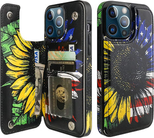 HAOPINSH Compatible with iPhone 13 Pro Max Wallet Case with Card Holder, American Flag Sunflowers Pattern Back Flip PU Leather Kickstand Card Slots Case, Double Magnetic Clasp Shockproof Cover 6.7" - Redpepper Cases