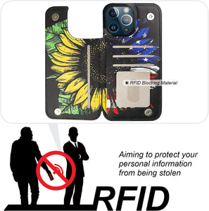HAOPINSH Compatible with iPhone 13 Pro Max Wallet Case with Card Holder, American Flag Sunflowers Pattern Back Flip PU Leather Kickstand Card Slots Case, Double Magnetic Clasp Shockproof Cover 6.7" - Redpepper Cases