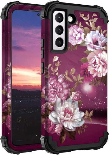 Hocase Galaxy S22 Plus Case, Heavy Duty Shockproof Soft Burgundy Flowers - Redpepper Cases