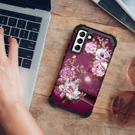 Hocase Galaxy S22 Plus Case, Heavy Duty Shockproof Soft Burgundy Flowers - Redpepper Cases