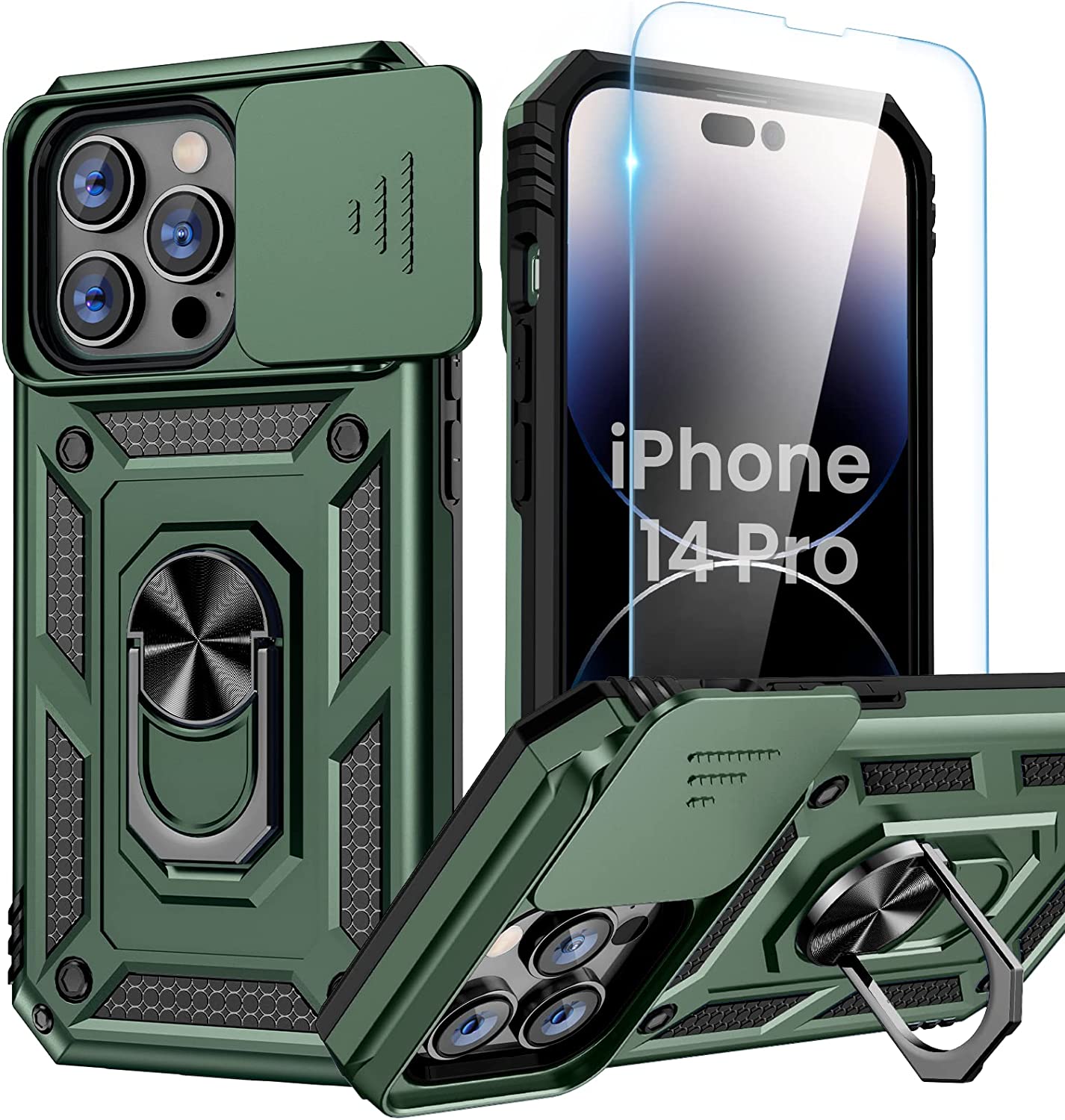 iPhone 14 Pro Slide Camera Cover Ring Stand Heavy Duty Rugged Bumper Case - Redpepper Cases