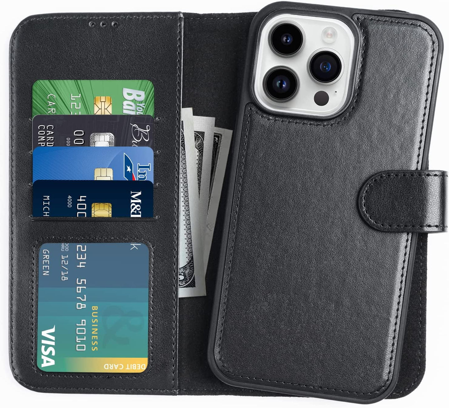 iPhone 14 Pro Wallet Detachable Flip Folio 4 Card Slots Holder Leather Magnetic Kickstand Case - Redpepper Cases