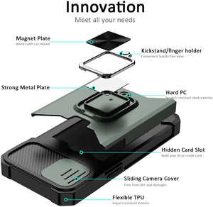 iPhone 14 Sliding Camera Cover Card Holder Ring Magnetic Kickstand Case - Redpepper Cases