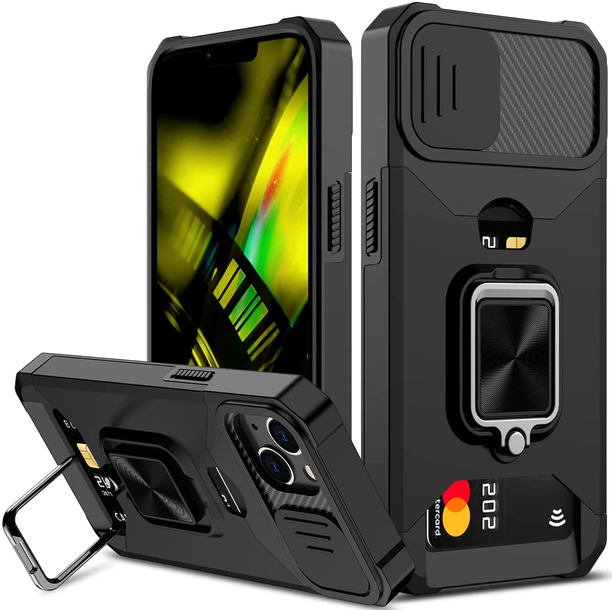 iPhone 14 Sliding Camera Cover & Card Holder Ring Magnetic Kickstand Case - Redpepper Cases