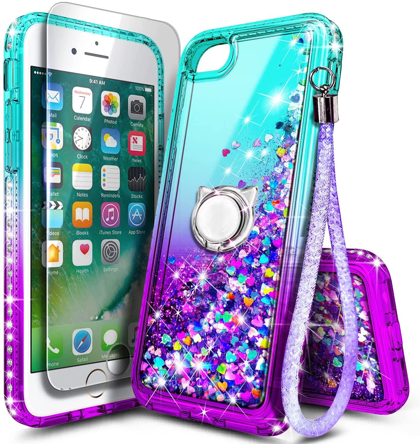 iPhone 7 Holographic Ring Holder Liquid Glitter Quicksand Case - Redpepper Cases