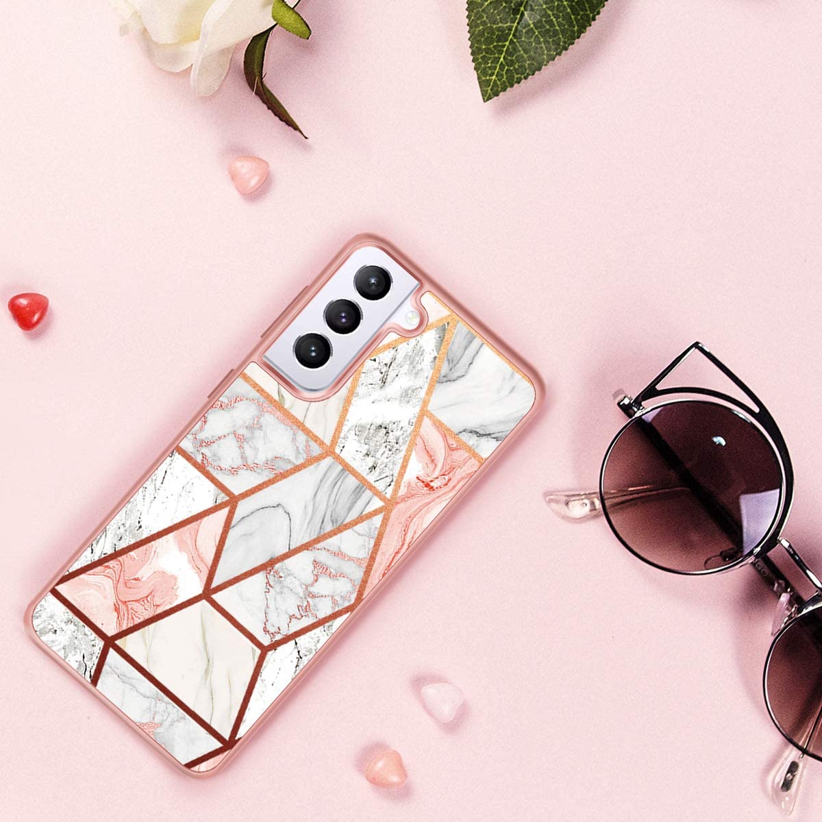 Samsung S21 Plus Rose Gold Marble Slim Fit Shockproof Hybrid Hard