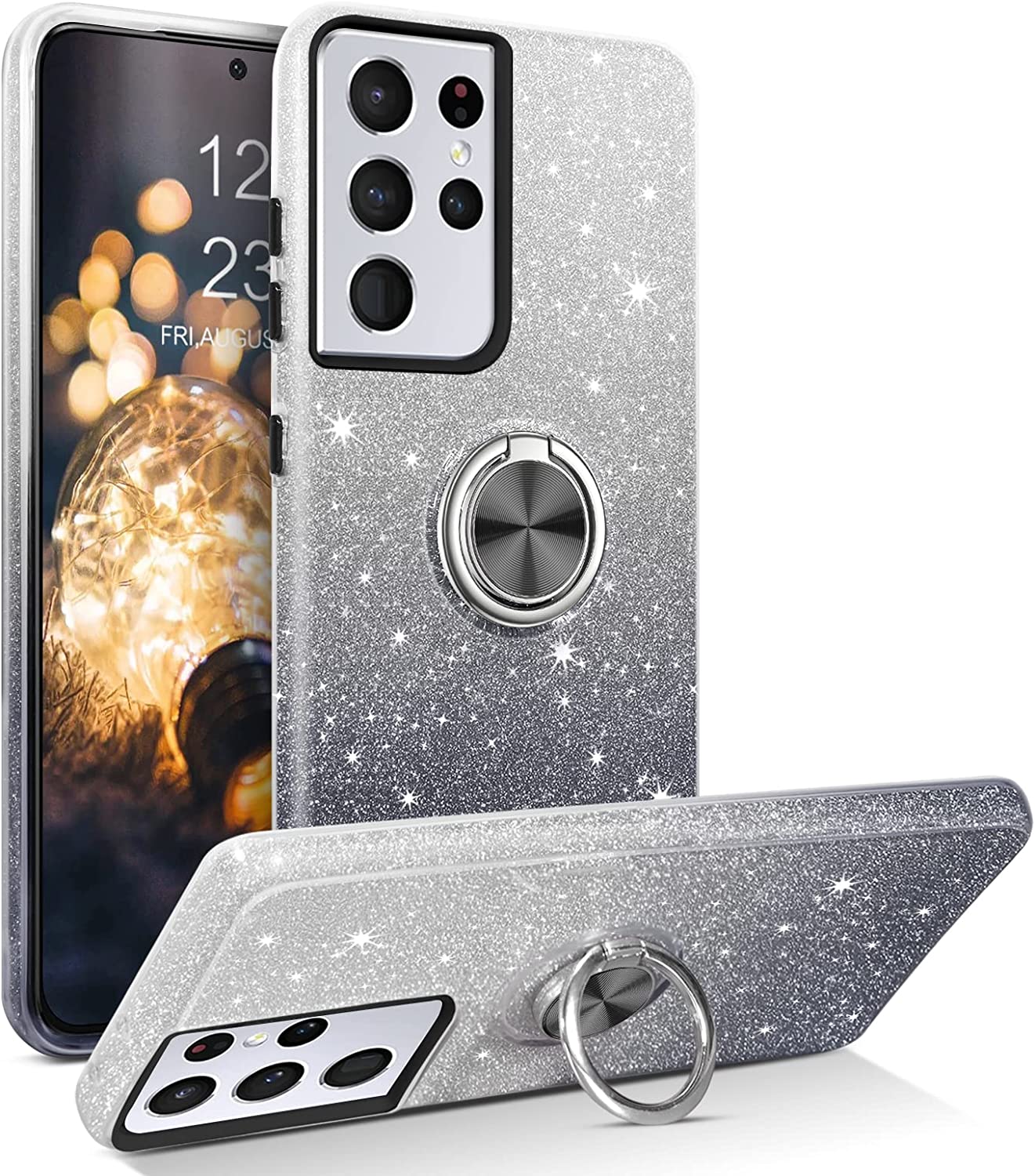 Samsung S21 Ultra Case, Slim Fit Glitter Sparkly 360° Ring Holder Mount Supported Protective - Redpepper Cases