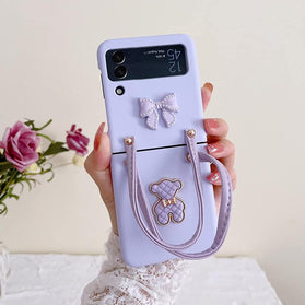 Samsung Z Flip 4 Case with Leather Strap Cute Bear Bow-Knot Galaxy-Pink - Redpepper Cases