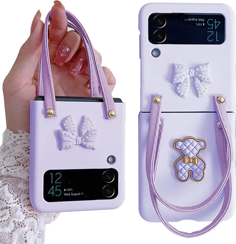Samsung Z Flip 4 Case with Leather Strap Cute Bear Bow-Knot Galaxy-Pink - Redpepper Cases