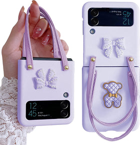 Samsung Z Flip 4 Case with Leather Strap Cute Bear Bow-Knot Galaxy-Pink - Redpepper Cases